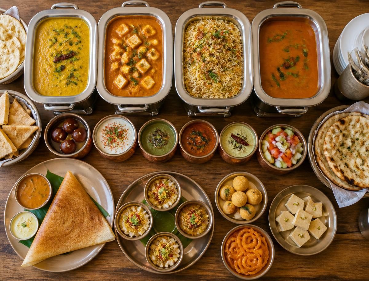 Indian vegetarian buffet spread at Woodlands Wan Chai with dal, paneer curry, biryani, dosa, breads and Indian sweets