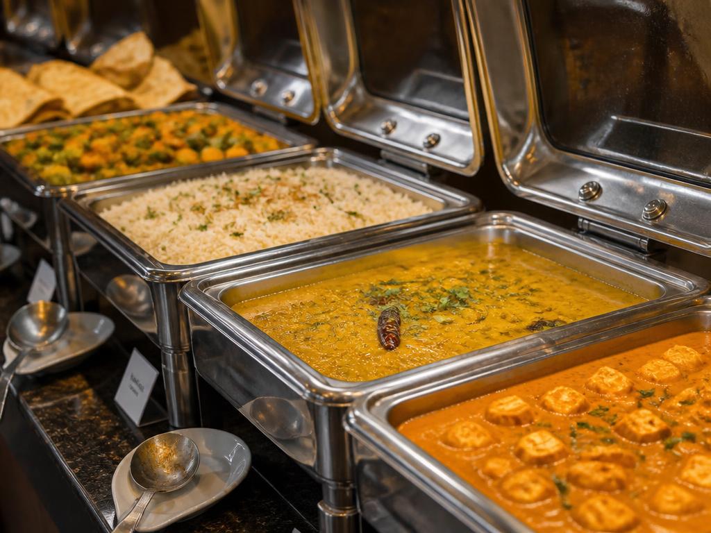 Chafing dishes of Indian curries, rice and breads on the Woodlands buffet line