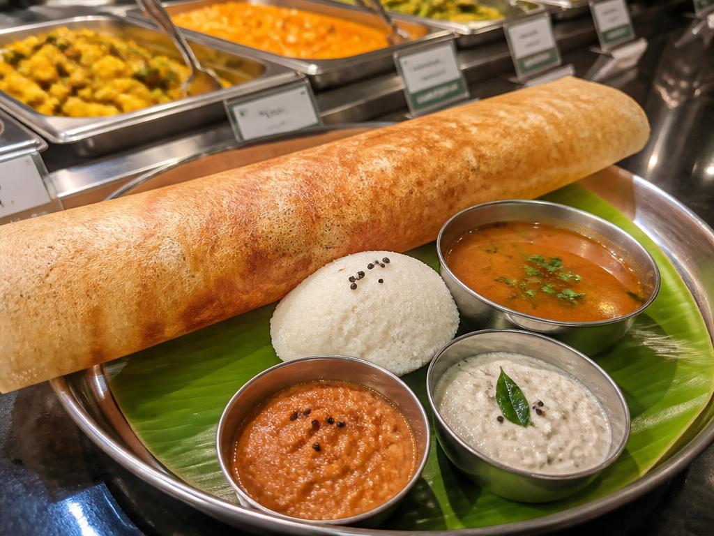 Masala dosa, idli, sambar and coconut chutney served beside the weekday buffet counter at Woodlands